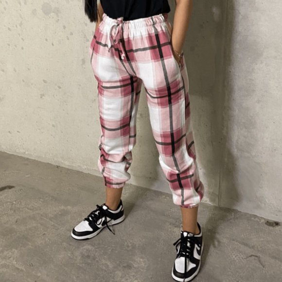 Pink Plaid Check High Waist Loose Fit Joggers Jogger Pants - Picture 7 of 12